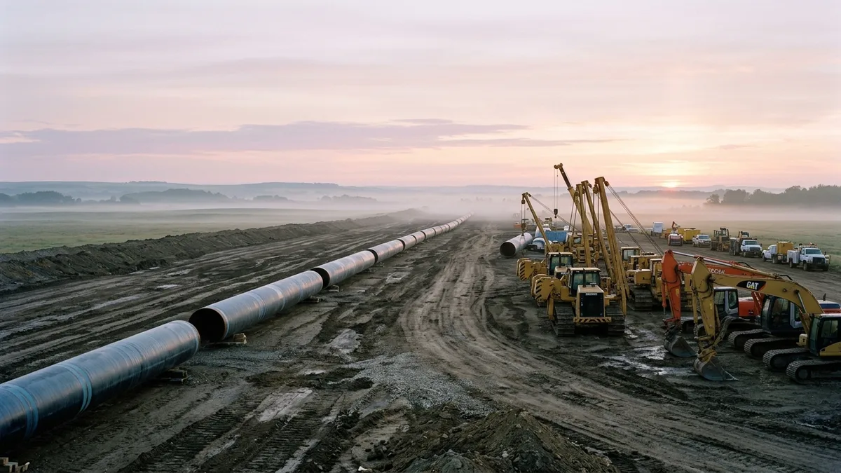 Editorial image: Pipeline corridor at dawn - Construction Input Costs Rose 18% Annualized in Q1 as Oil Prices Surge